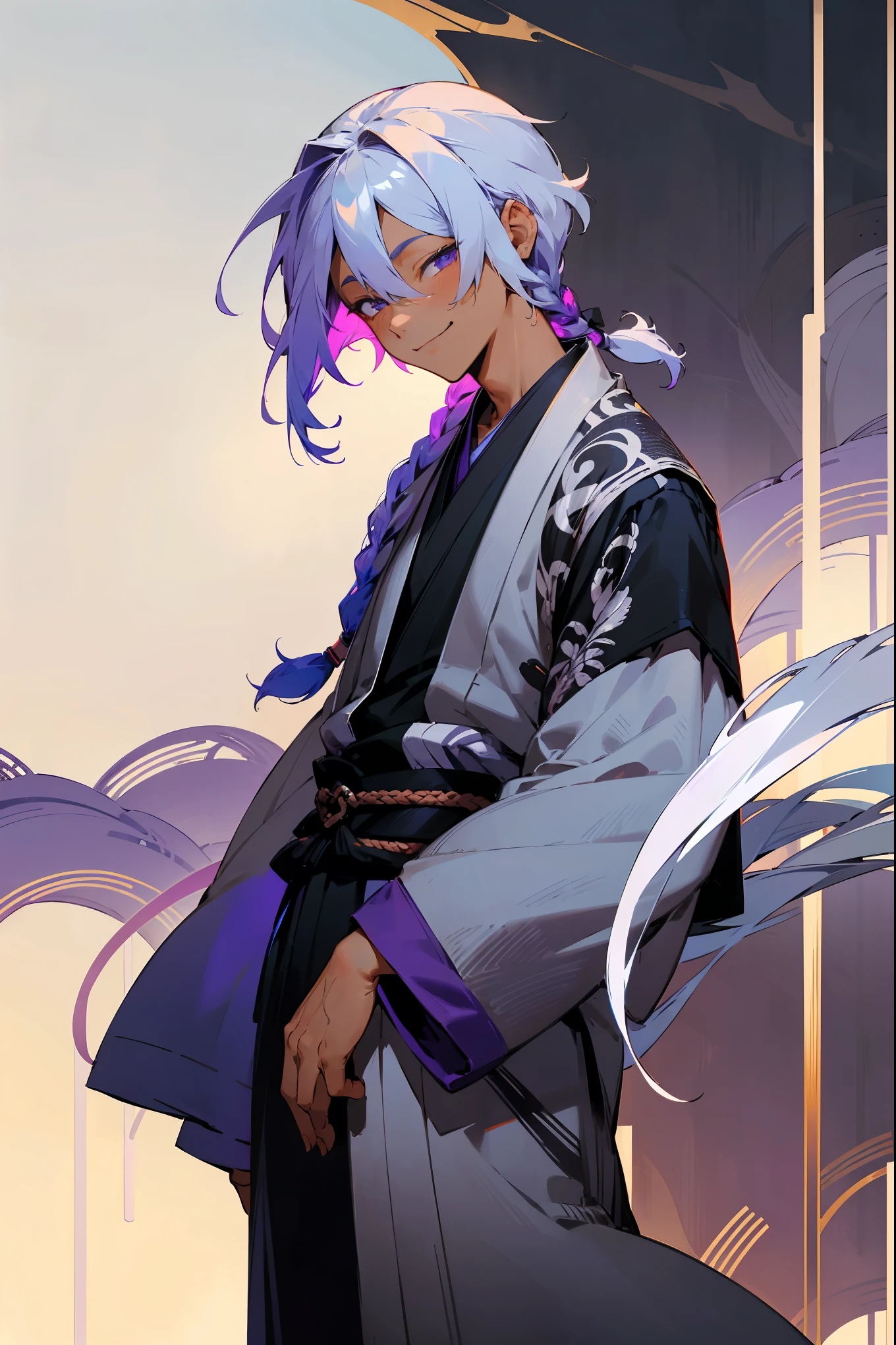 1male, tan skin, teenager, blind eyes, light blue hair, dark purple hair, half blue half purple hair, one braid in back, smiling expression, open black and white ukata, old japanese background, , detailed background, detailed face, standing on path, hand to side