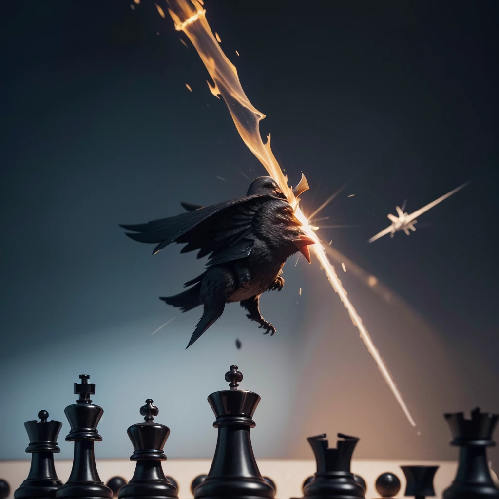 Make me the animated image of a bishop sacrificing towards a rook. Draw the bishop as if it were a kamicaze plane towards the enemy tower.. The context is a chess sacrifice