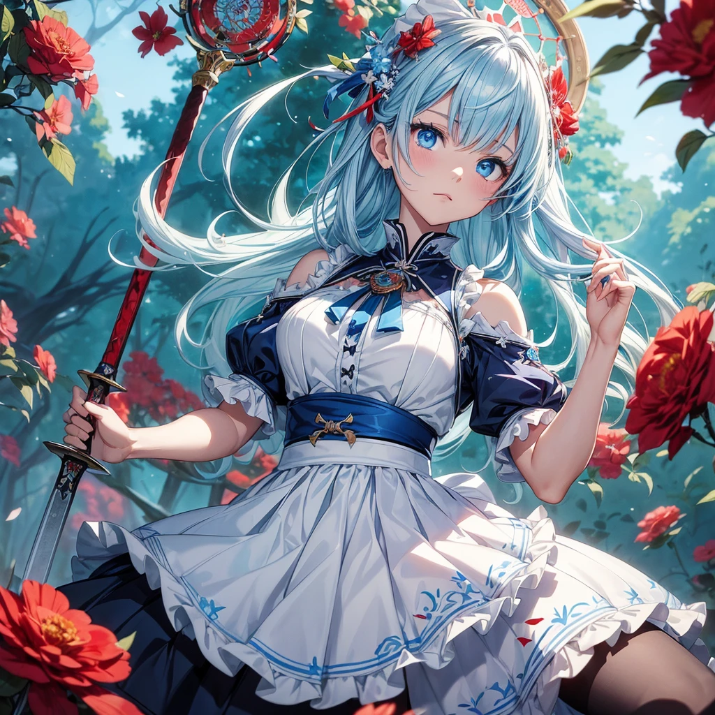 (((Masterpiece、Highest quality、Official Art、Super detailed、Handsome face、Dynamic composition)))、Anime Style、(Milky white and blue hair:1.3),(blue eyes:1.4),(Bright colors:1.4),((麻の葉background:1.3)),, Cool girl in gothic lolita outfit posing in palace, mini skirt, Frills, 黒 and blue outfit,In the middle of swinging a sword sideways、Blood splatter、sword、（background:Red dream catcher behind, Red flower, )