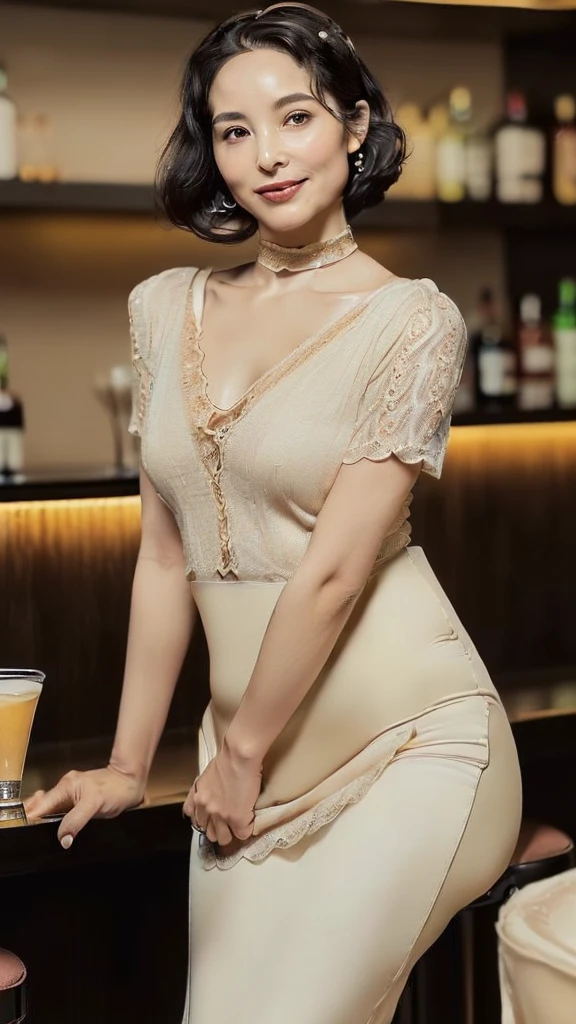 (((Ultimate Photorealistic, ultimate high-quality 32k photo))),(((American-shot photo taken from the front, looking at viewer seriously ))),(((( Seductive pose, 7 heads、Staring Intently :1.8)))),(((A simple and elegant short-sleeved business blouse made of beige lacy, extremely thin fabric with a wide V-neck., Soaking wet、She is looking straight at the camera with a very shy look on her face.。light makeup、elegant black wet middle bob。An elegant and simple beige very thin choker.:1.4)))。((Highest quality)), ((masterpiece)), (((detailed))), (midnight ,Modern hotel bar on a dark pouring stormy night, Sitting on a bar stool with her legs wide apart、 Low Key Lighting:1.6)、(((A very beautiful, extremely elegant and intelligent 42 year old Japanese woman。A feminine, curvaceous body。Beautiful line from hips to thighs、An extremely elegant, calm and modest smile, Being drunk、My eyes are extremely watery、I'm very horny、embarrassed ,blush, Curvy Body、Extremely realistic, detailed and beautiful depiction of the face, waist and thighs:1.9)))、(((The skin is white and very smooth。A very hot rainy summer night、I'm pretty sweaty、My clothes were soaked and pretty see-through.、When wet, it sticks tightly to the skin, revealing the beautiful lines of the body.、The skin is clearly visible through the extremely thin fabric.:1.9)))。(((A simple and elegant knee-length white lace business pencil skirt,The clothes fit the body very well:1.8))), ((Healthy Body、The line of the chest, collarbone and extremely beautiful and feminine décolleté are the ultimate beauty.:1.9))。(((large&good hips、large&nice chests )))