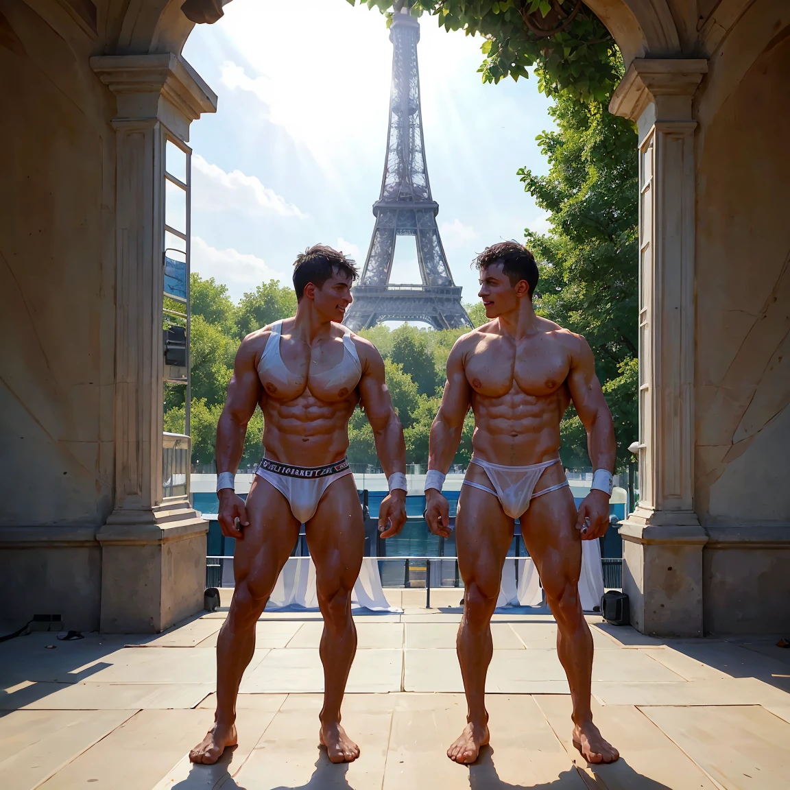 2men standing side-by-side, patting each other's shoulder after a fight, congratulating each other on their shoulders  after a fight, wearing transparent white thong, wearing wet white thong, wearing see-through white thong, outdoor olympic wrestling arena in front of Eiffel Tower, (action fight:0.9)