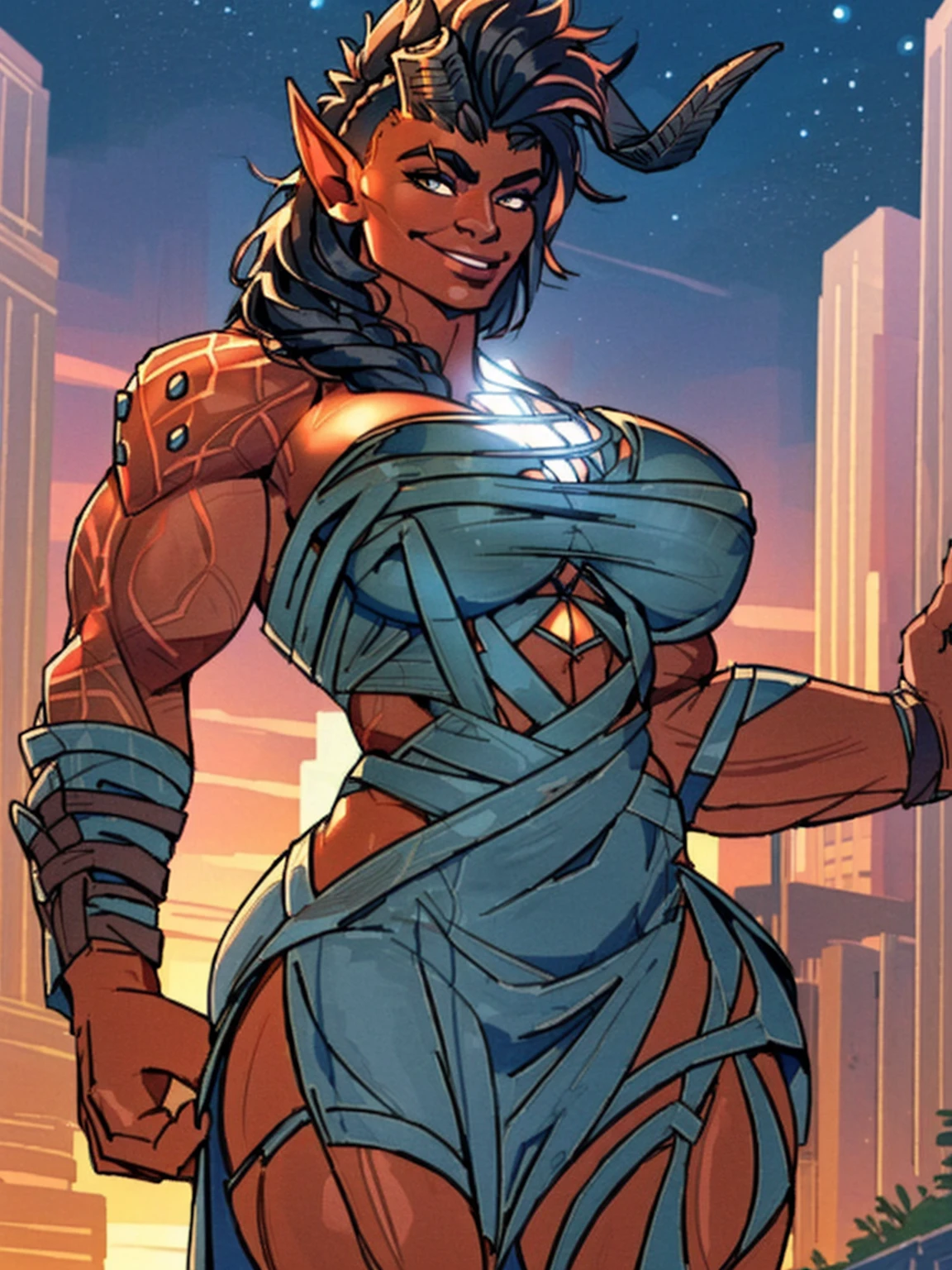 (masterpiece, best quality:1.3)
BGKarlach, 1girl, solo, realistic, long hair, horns,pointy ears, muscular, bodybuilder, buff, (huge breasts:1.3), cityscape, at night, on top of a skyscraper, short dress, tight, character portrait, incase, smiling, friendly, cute,