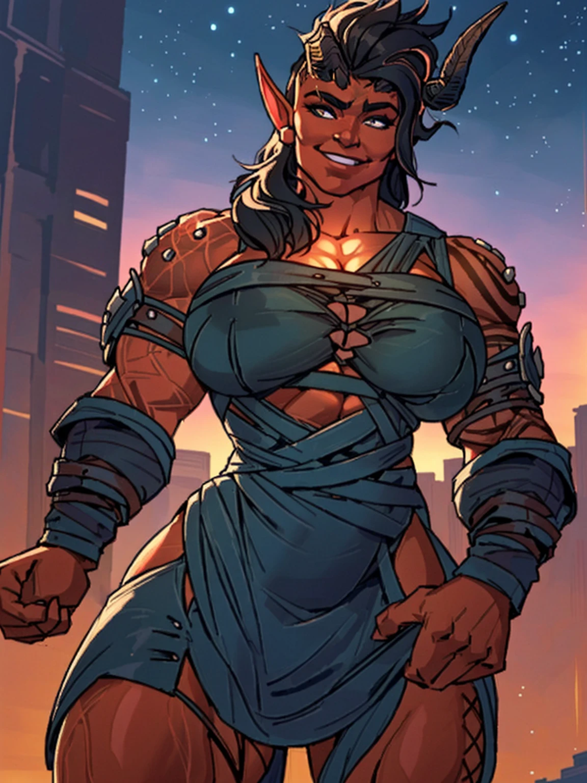 (masterpiece, best quality:1.3)
BGKarlach, 1girl, solo, realistic, long hair, horns,pointy ears, muscular, bodybuilder, buff, (huge breasts:1.3), cityscape, at night, on top of a skyscraper, short dress, tight, character portrait, incase, smiling, friendly, cute,