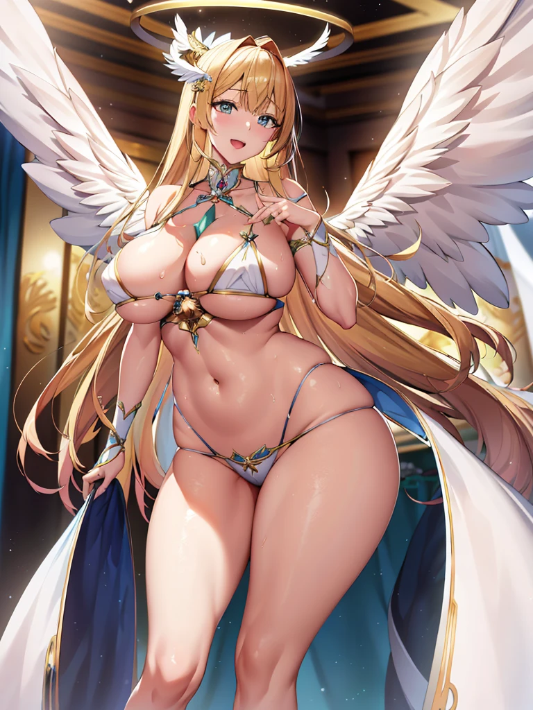 最high quality, high quality, 8K、High resolution,Highest quality、anime、solo、from the front、Arafe woman wearing a white bikini, Long neck、bare hands、barefoot、belly button、maternal、Thighs、Background of a room with a chandelier、Are standing、Open Mouth Smile、Blonde、high qualityな青い瞳、白いビキニを着ているsuper Wide Angel, Majestic angel all over the body, animeの女神, Wide Angel, Angela White, Epic pose,白いビキニを着ている美しく魅力的なanimeの女性, Huge and stunning goddess shots, Angel Knight Girl, Tall female angel, She has angel wings on her chest, Highly detailed goddess shot