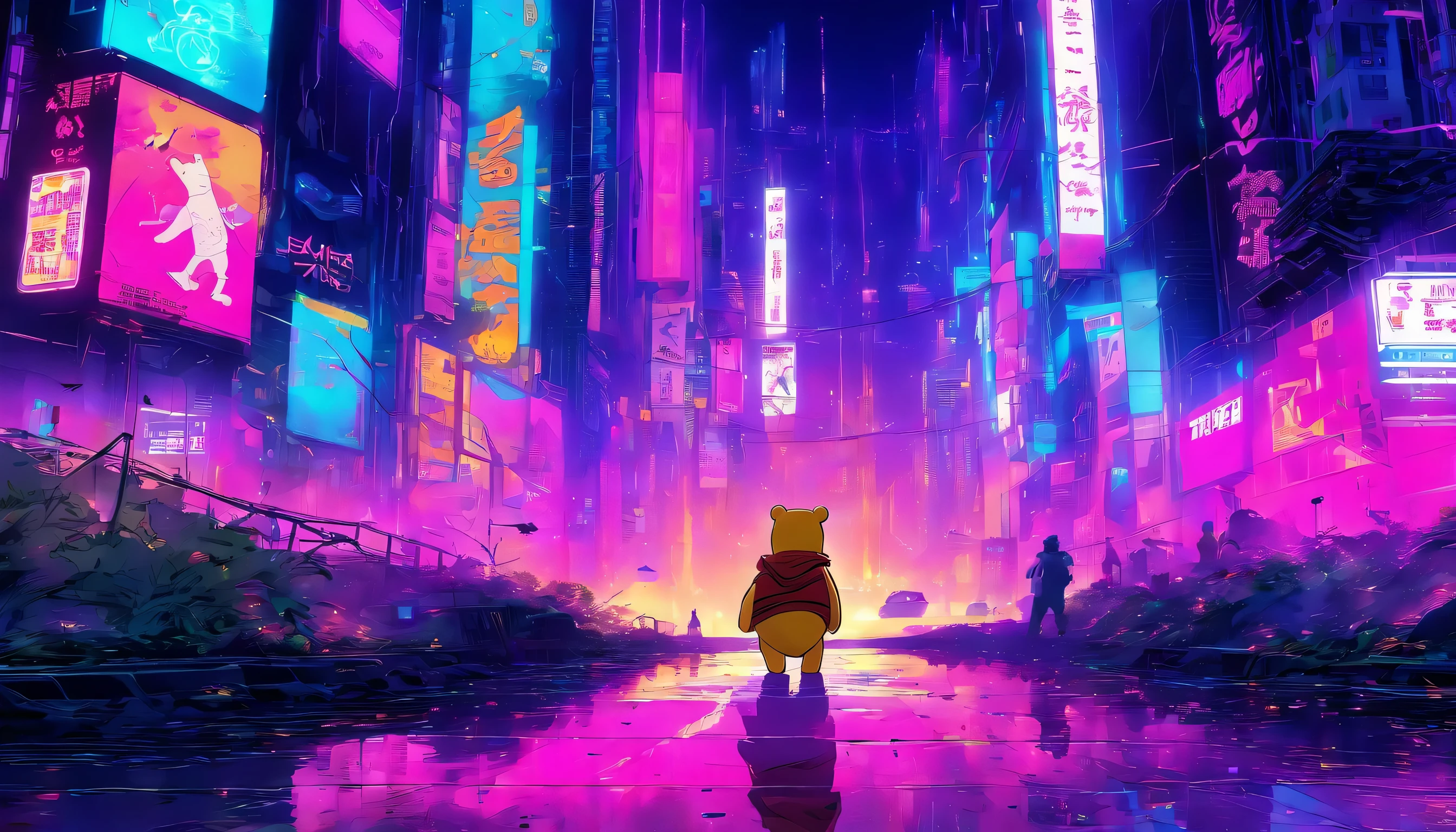  (Winne the pooh) walking through a dystopian cyberpunk city from Blade Runner
