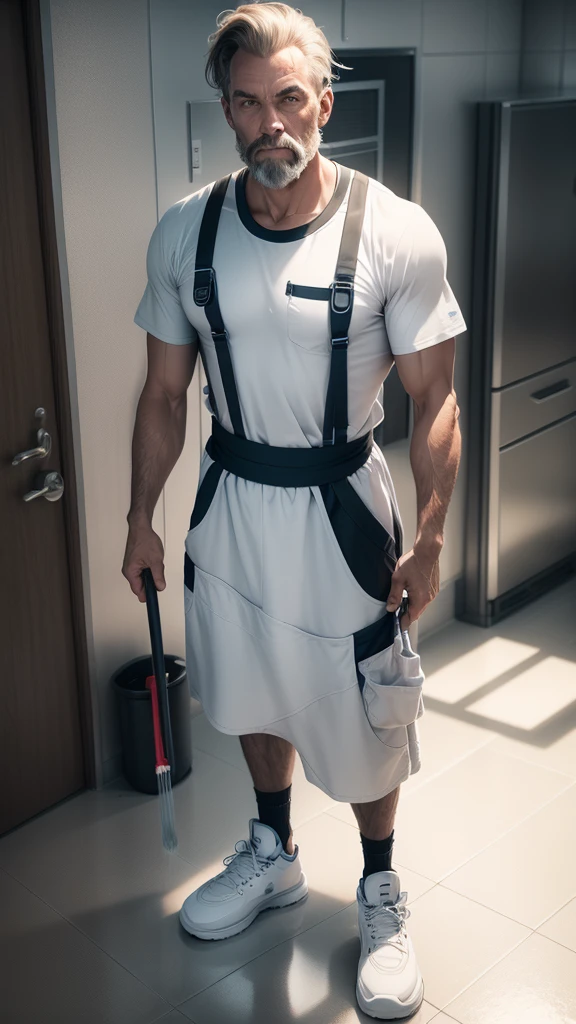 male janitor in full height with his arms placed in different directions T-pose on a white background