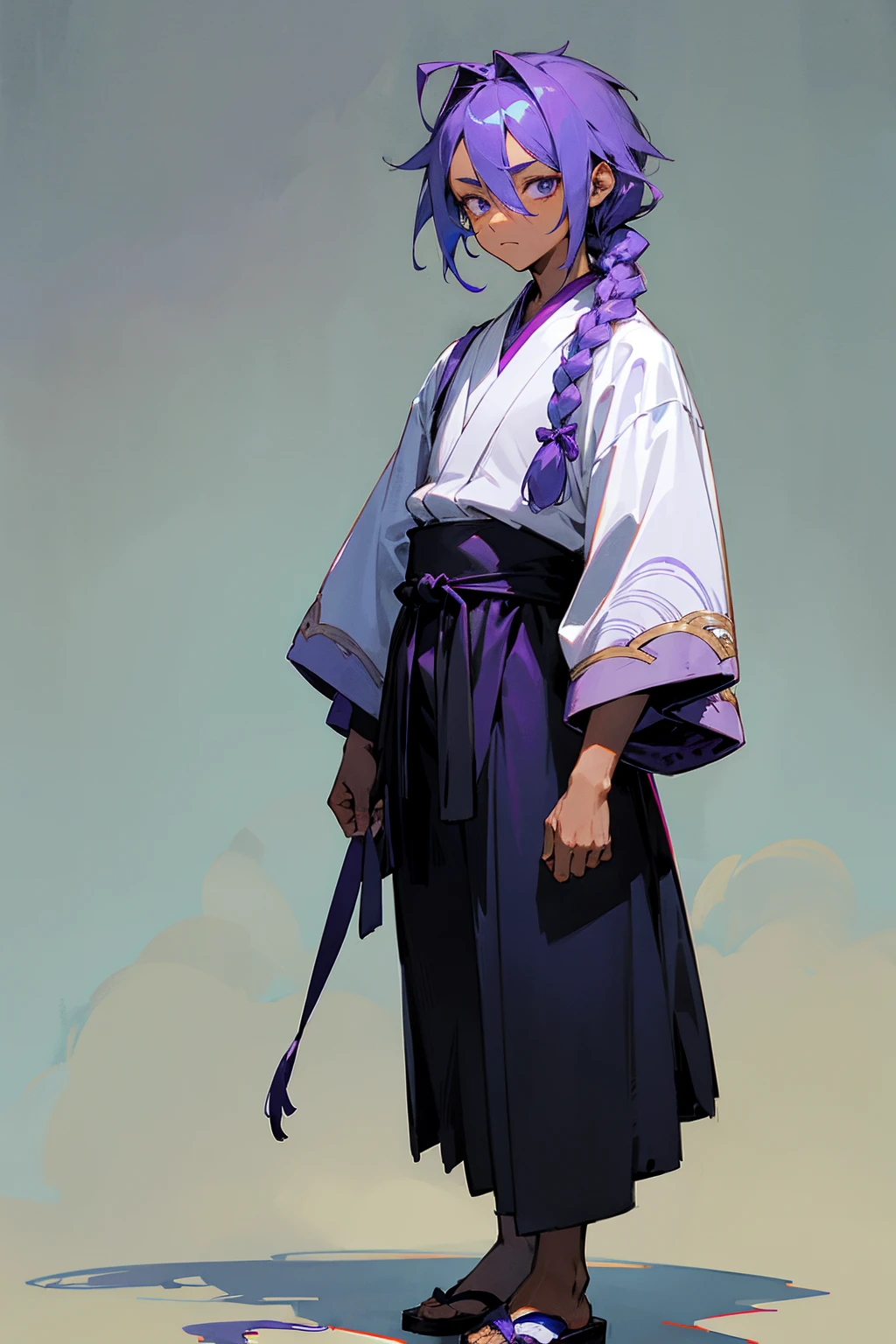 1male, tan skin, ager, blind eyes, light blue hair, dark purple hair, half blue half purple hair, one braid in back, bored expression, open black and white ukata, old japanese background, , detailed background, detailed face, standing on path, hand to side