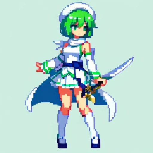 Pixel art、whole body、Left facing（important）、Small breasts、A light mint green color that is almost white, and white、Bow-legged、Hold two swords in each hand、Sword of light in right hand、Dark sword in left hand、Magical girl、beret、Short Bob Hair、A loose scarf is wrapped around the neck。hair color：Soft、Light mint green hair, almost white。Eye color：Green Eyes。Costume：白とライトグリーンを基調としたMagical girlのCostume。She is wearing a petal-like mini slit skirt.。