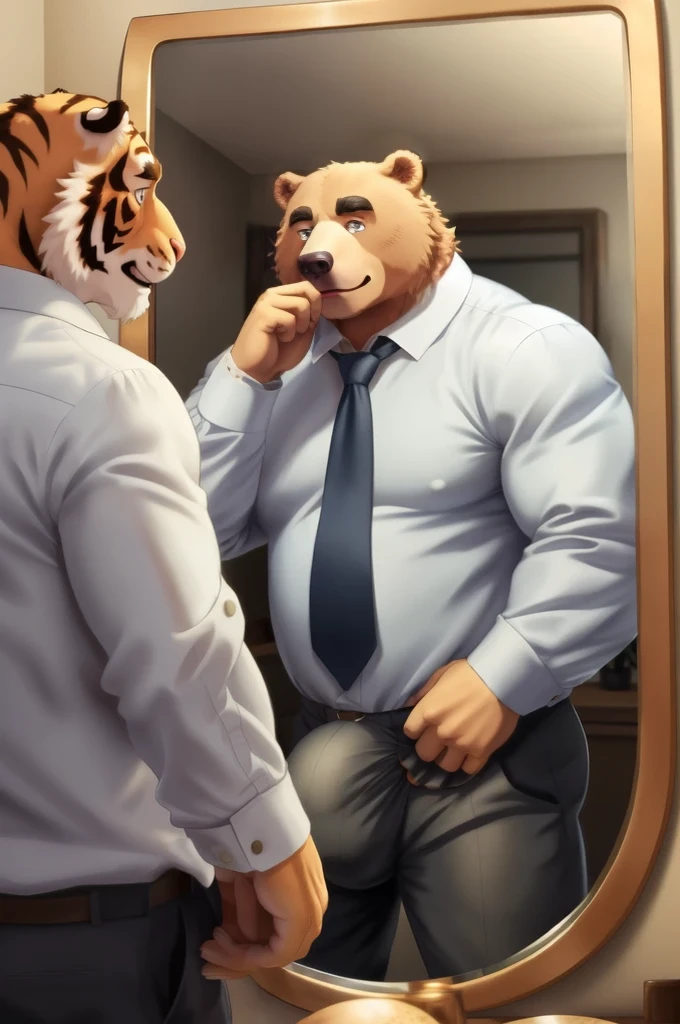 Author: bontiage, (1 boy), One, bear, big bulge crotch, boner, pants, long sleeve plain shirt, necktie, Men's Second, kemono, hot body, muscle, Beautiful, sexual, Attractive guy, (Detailed black eyes), brows, (masterpiece, A high resolution, Best quality), 4K, a male, Beautiful shadow, (red cheek:1.5), (large wall-mounted mirror),  (reflection is in the mirror:1.4), (in front of mirror), (facing the mirror), (looking the mirror), (from behind:1.5)