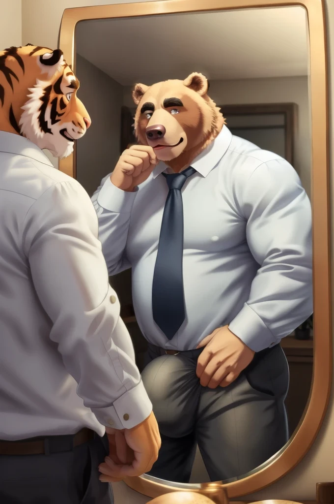 Author: bontiage, (1 boy), One, bear, big bulge crotch, boner, pants, long sleeve plain shirt, necktie, Men's Second, kemono, hot body, muscle, Beautiful, sexual, Attractive guy, (Detailed black eyes), brows, (masterpiece, A high resolution, Best quality), 4K, a male, Beautiful shadow, (red cheek:1.5), (large wall-mounted mirror), (reflection is in the mirror:1.4), (in front of mirror), (facing the mirror), (looking the mirror), (from behind:1.5)
