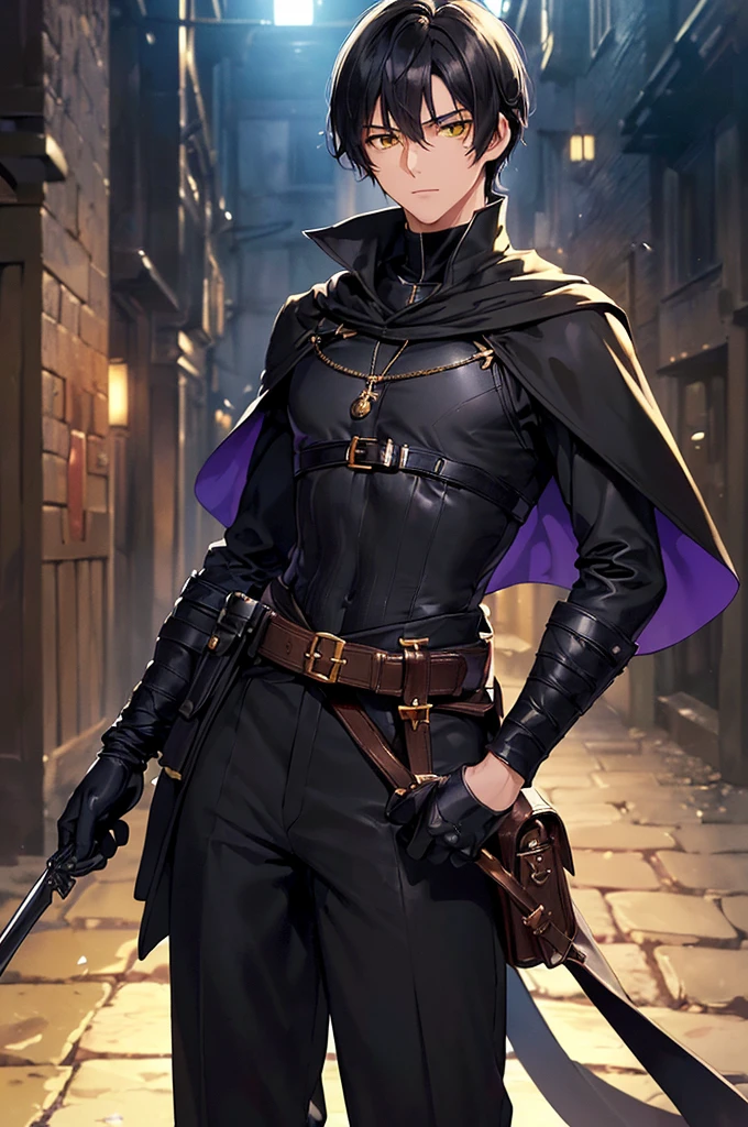 (masterpiece; best quality: 1.2), (finely detailed eyes: 1.3), ((25 year old man)), ((solo)), (yellow eyes: 1.4), (body; lithe, lean, slender: 1.3), (very short black hair: 1.3), (beautiful and clear background: 1.2), ((depth of field)), (clothes: black assassin attire + black high-neck tunic + black pants + black gloves + black cloak + belts + traveler pouches and satchel: 1.3), (anime illustration: 1.2), (background; medieval slums alleyway + night: 1.1), (extremely fine and handsome: 1.1), (shot composition; standing + centered on torso + close-up: 1.5), (expression; calm, stoic: 1.2)