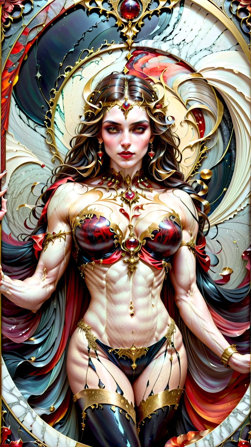 a beautiful illustration of a very muscular vampire girl in an abstract marble texture with a tarot style frame, with colors of obsidian black, shiny gold, and ruby red, highly detailed, intricate design, BY Anne Bachelier,