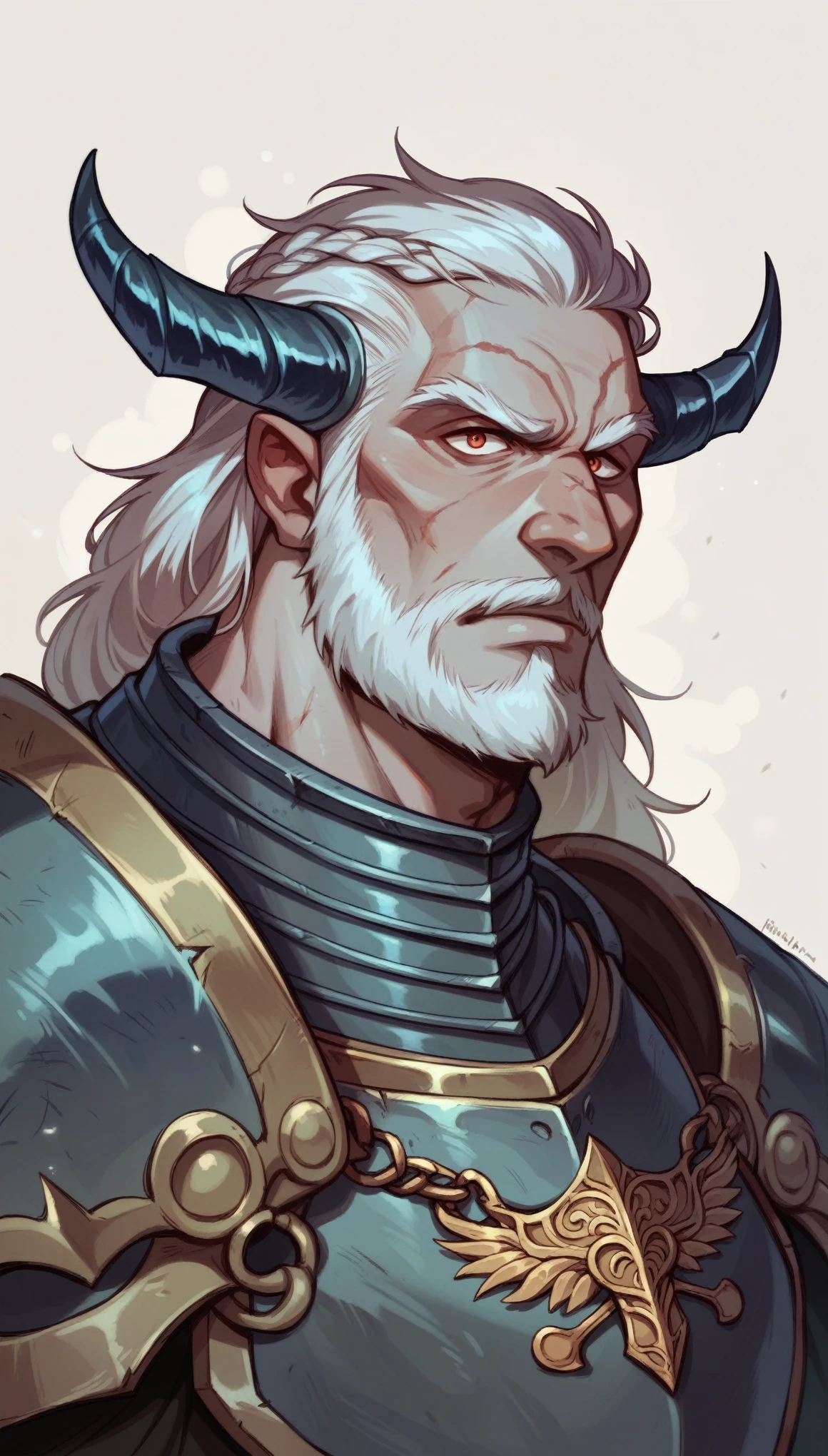 Create a portrait of a grim dwarf warrior with a long-braided beard, iron armor, and a mighty axe. Depict them in a Tolkien-esque fantasy world.