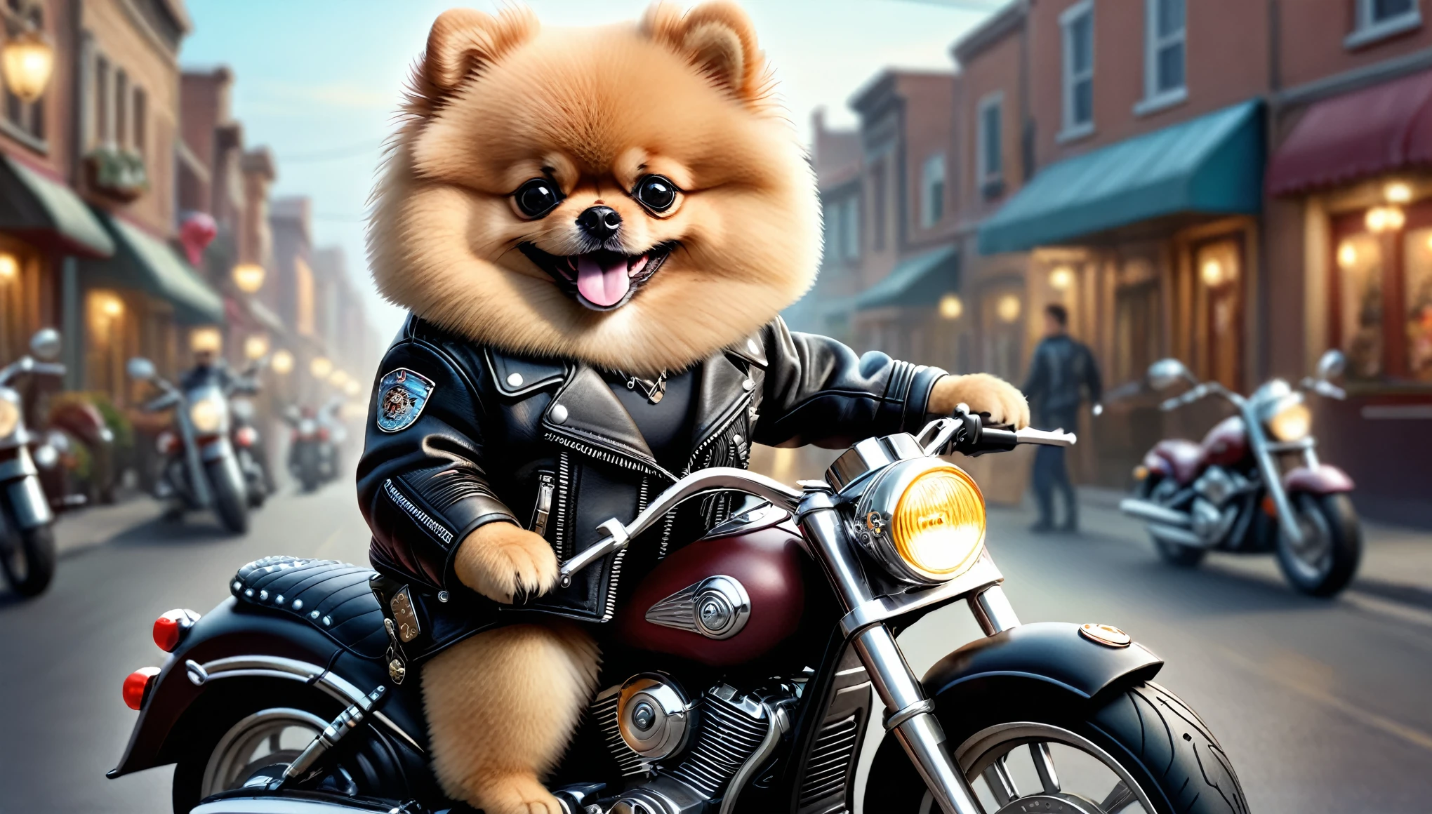 photorealistic portrait of Dressed animals-a ((fat)) ((Pomeranian)) ,(furry), (riding on motorcycle:1.5), (dog on motorcycle:1.5),(smile:1.5),high quality,(happy),(lovely) ,intricate details, Wearing leather jacket, (), highly detailed ((leather jacket)) ,highly detailed decorations of clothes, , (happy), soft lighting,(full body image:2.0),street background,(leather boots),
