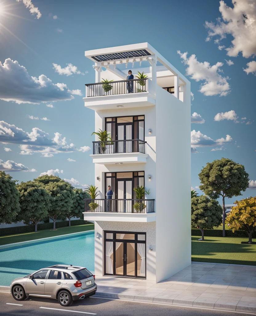 1 neoclassical style townhouse with white walls, black iron railings, black glass doors, black iron flower trellis frame, noon sun, very beautiful shade Masterpiece,best quality,8k uhd,dslr,soft lighting,high quality,hyper detail,film grain,Fujifilm XT3, UE 5 render 8k, super high resolution, supper detail:1.2), Super sharp like photos taken with a professional camera, 1 neoclassical style house, The town house is made from white walls, beautyful light, beautyfulday, sunny, Many red bougainvilleas along the road:1.3, lovely youthful feeling :1.2, sunlight at 12 noon, Very beautiful shadows