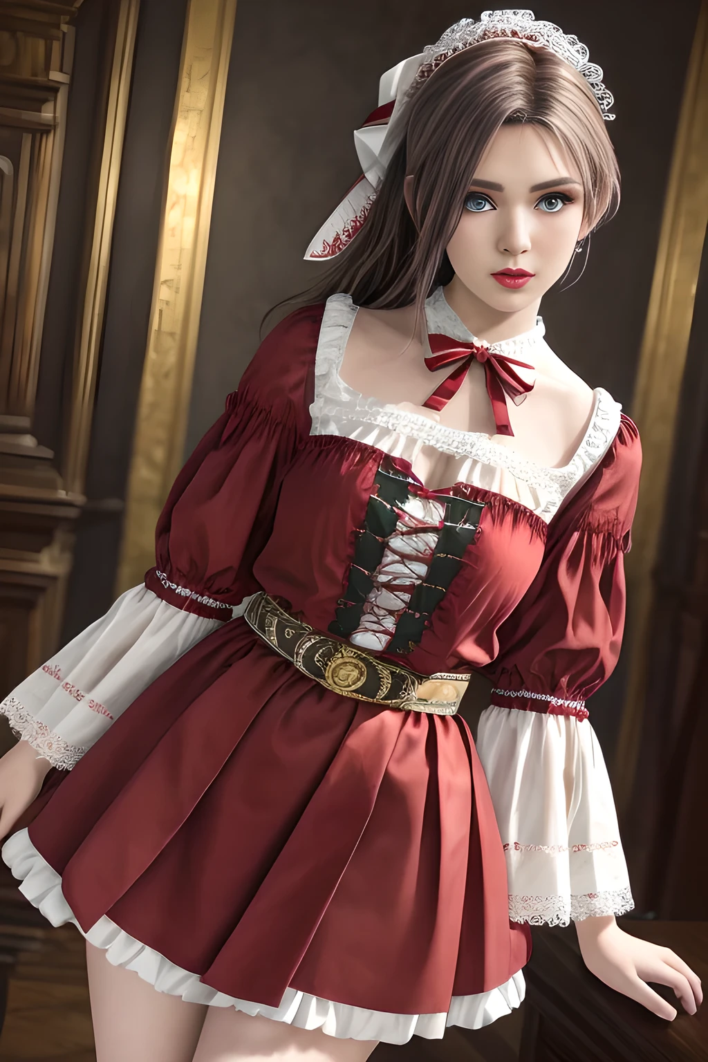 1girl,wearing a traditional-style outfit with a rich historical and folk-inspired aesthetic. Her white blouse features ruffled details and intricate embroidery, with red and white striped sleeves and ribbon embellishments on the upper arms. The red skirt is adorned with pleats and lace trims, and a brown belt with floral decorations and tassels wraps around her waist, adding a touch of authenticity to the look. The overall outfit exudes a sense of timeless charm and cultural heritage, ,beautiful detailed eyes, beautiful detailed lips, extremely detailed eyes and face, long eyelashes, (best quality,4k,8k,highres,masterpiece:1.2), ultra-detailed, (realistic,photorealistic,photo-realistic:1.37), sharp focus, vivid colors, HDR, studio lighting, physically-based rendering,elise