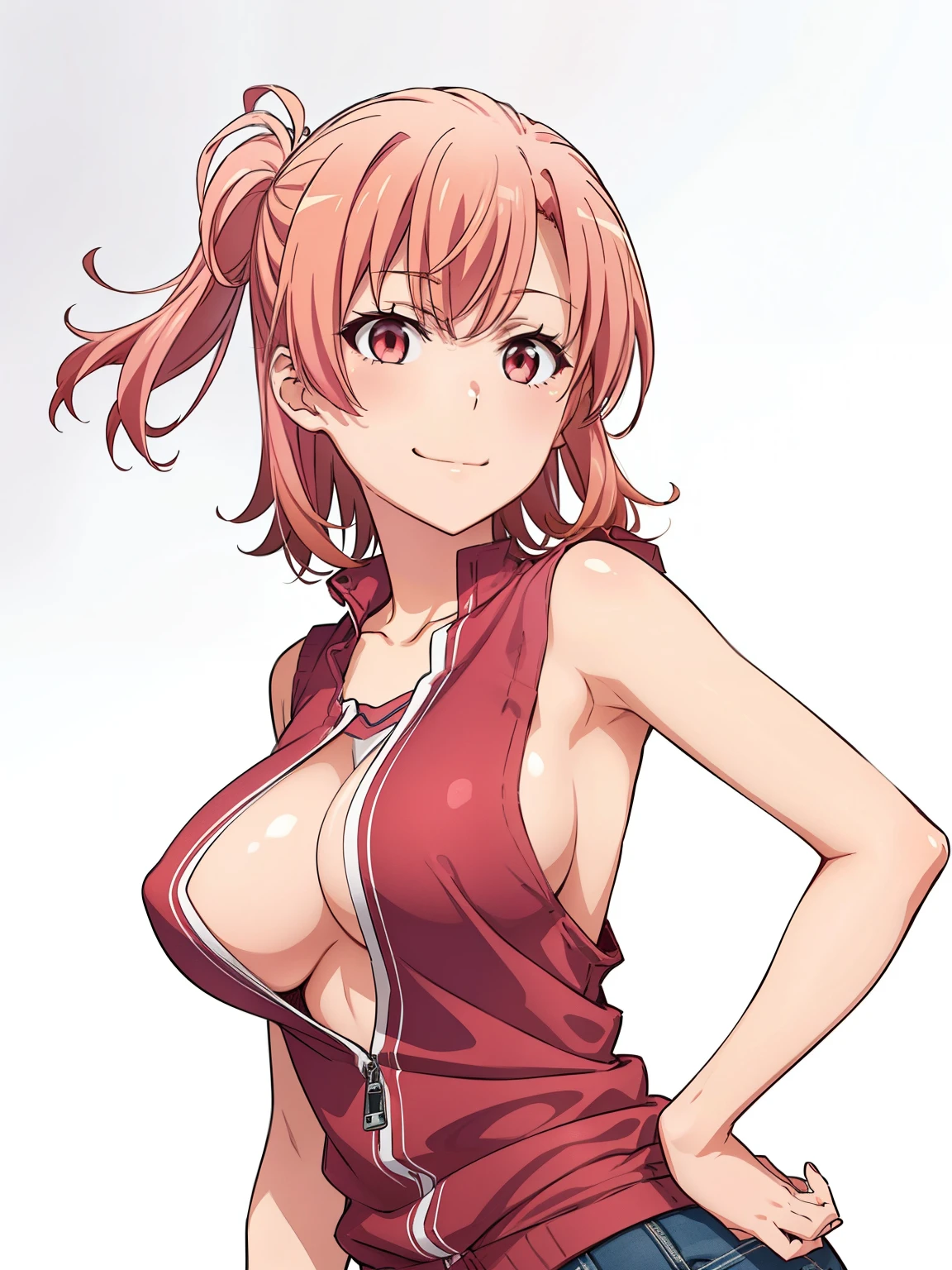 ((masutepiece, Best Quality, hight resolution, nffsw, Perfect Pixel, depth of fields, 4K, )), 1girl in, Solo, , Beautiful anime girl, Beautiful Art Style, close up, Looking at Viewer, Perfect body, Yuigahama Yui, Short hair, pink hair, pony tail, (large boob), smiling, winking, one eye open, hands on hips, blank white background, cowboy shot