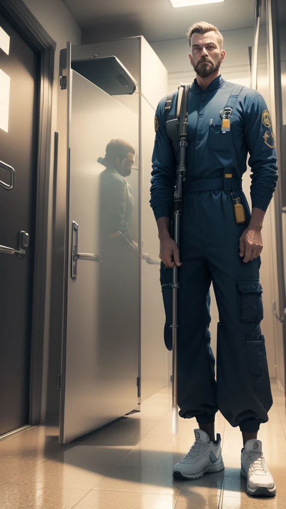 janitor man in full height arms placed in different directions T-pose