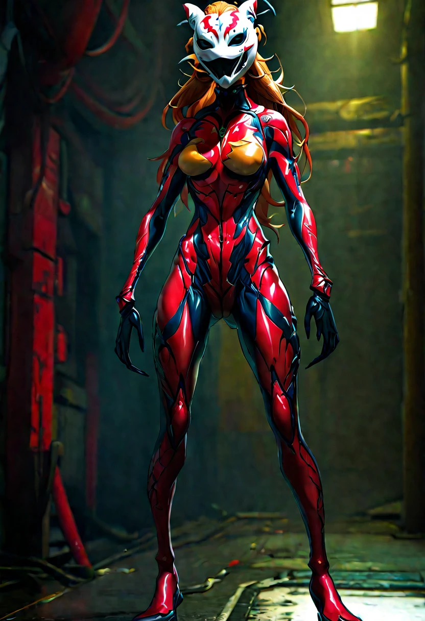 Full-body concept art, 1 woman, A biologically fused woman, A figure fused with a dragon, witch blade motivism, evil fall, symbiote, full body suit, enemy woman, bio full skin suit, high image quality, real, high detail, 16K, black gloves, fortified suit, glossy, digimon, goddess, mature female, mistress, fox mask, masterpiece, 