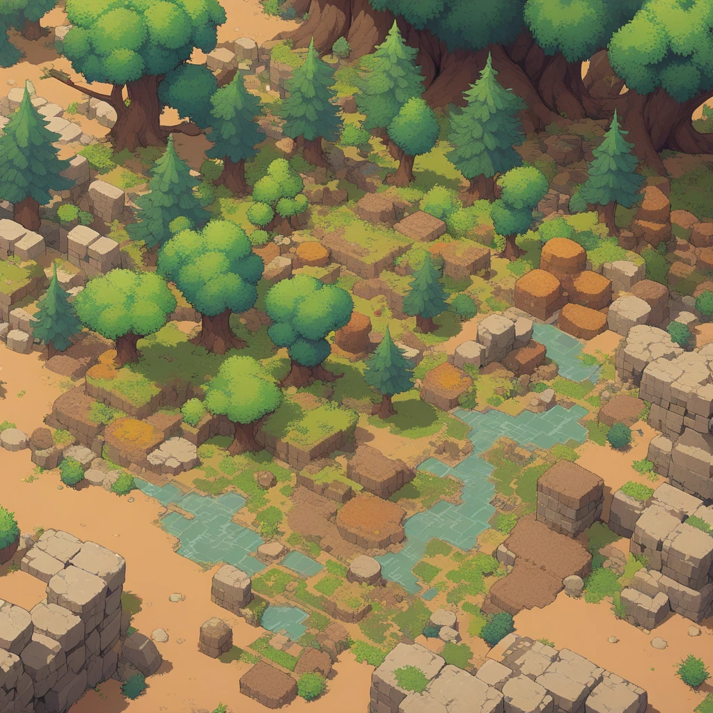 retro video game style,pixelated pastel colors,8 bit characters,Block Shapes,sharp lines,detailed shading,classic game environment,nostalgic atmosphere,Classic arcade games,Masterpiece:1.2,ultra detailed,illustration style, Textura 2D, clay texture, stone texture, 4K seamless mud texture, video Game texture, dirt texture, supervised, game tiles, clay material, Flat texture, Grass, trees, rock texture, rocky ground, forest, View from above, Game texture, Game art, very detailed terrain, dirt, Soil texture, Mosaic texture, flores, bushes, bushes, intricate ground stone, top down view, 3/4th perspective