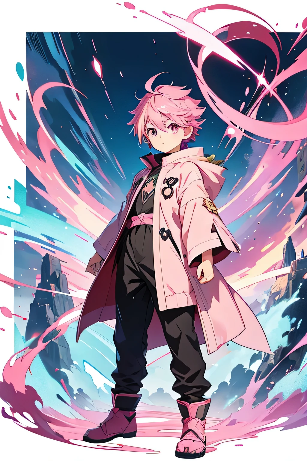 Anime boy pink hair,Pink Eyes,Little boy,Official character art,(((((whole body))))),Wizard's Blue Coat,uniform,standing,((((full body)))),toe,((simple background)),(green background),