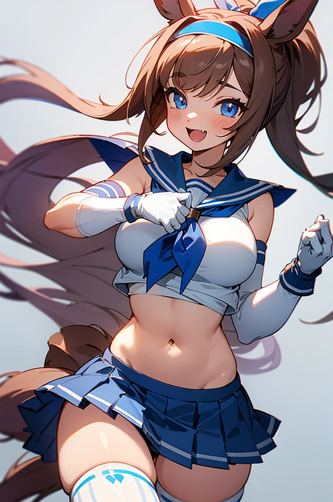 1 woman, solo, long hair, breasts, looking at viewer, blushing, smiling, open mouth, blue eyes, skirt, simple background, brown hair, knee-highs, gloves, white background, ribbon, belly button, animal ears, exposed shoulders, underwear, , tail, hair ribbon, ponytail, white hair, :d, thighs, colorful hair, pleated skirt, hairband, extra large breasts, large breasts, sailor uniform, sleeveless, elbow gloves, fangs, abdomen, striped, white gloves, miniskirt, sailor collar, stomach, two-tone hair, blue skirt, striped hair, crop top, neckerchief, cosplay, skin dentation, high-cut, horse ears, blue sailor collar, Uma Musume, striped knee-highs, horse tail, chest curtain