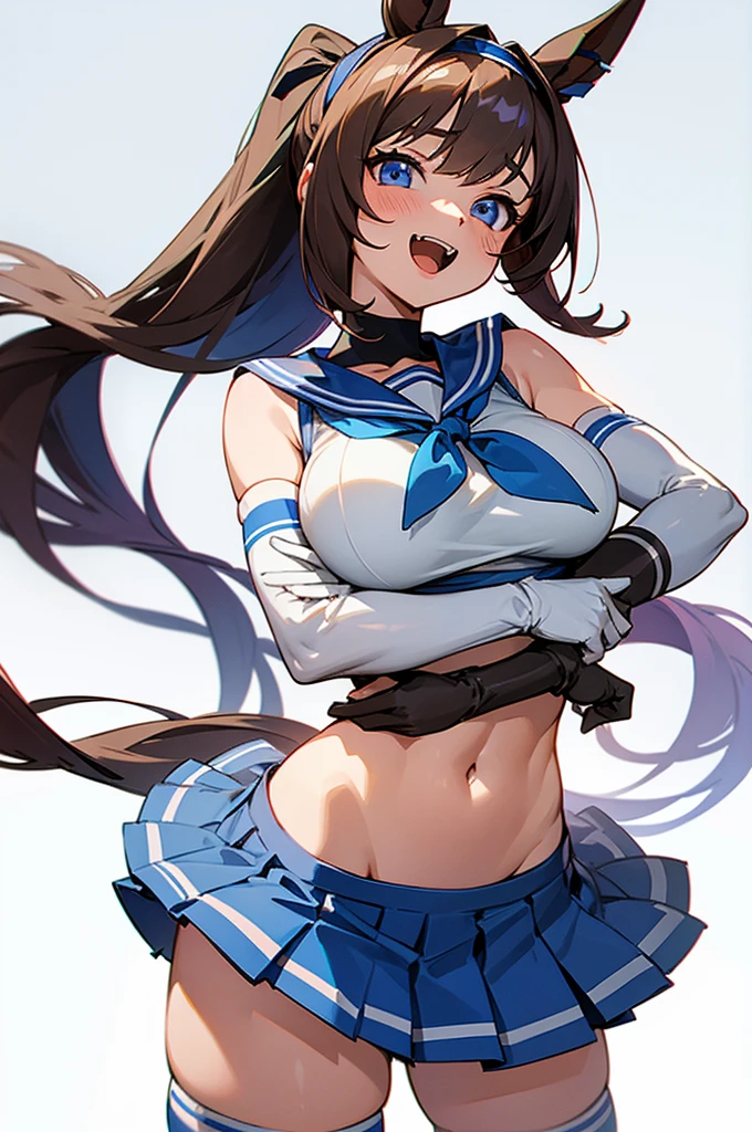 1 woman, solo, long hair, breasts, looking at viewer, blushing, smiling, open mouth, blue eyes, skirt, simple background, brown hair, knee-highs, gloves, white background, ribbon, belly button, animal ears, exposed shoulders, underwear, , tail, hair ribbon, ponytail, white hair, :d, thighs, colorful hair, pleated skirt, hairband, extra large breasts, large breasts, sailor uniform, sleeveless, elbow gloves, fangs, abdomen, striped, white gloves, miniskirt, sailor collar, stomach, two-tone hair, blue skirt, striped hair, crop top, neckerchief, cosplay, skin dentation, high-cut, horse ears, blue sailor collar, Uma Musume, striped knee-highs, horse tail, chest curtain