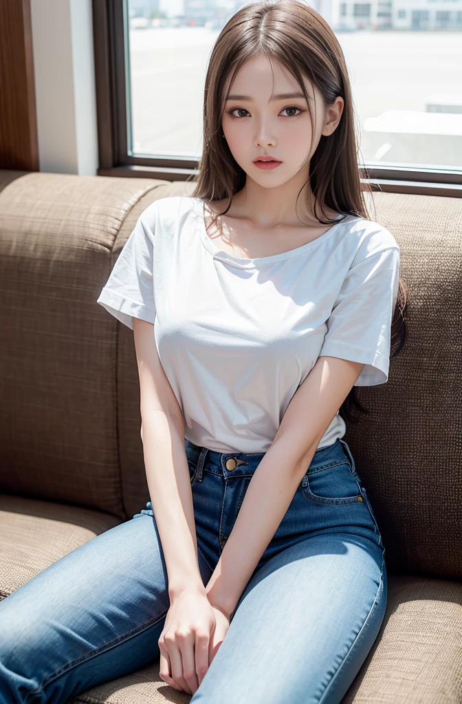 1girl,solo,best quality, masterpiece, 8k,raw photo, photo (object), extremely detailed, raw,realistic,sitting, looking at viewer,jeans,white t-shirt,long hair,black hair, couch,