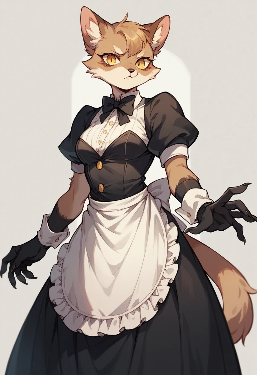 solo female ,furry ,tuxedo catA Japanese girl with yellow eyes, black fringes cut in a bob hairstyle,black long gloves wearing any clothes and any clothes as an outfit maid dress
