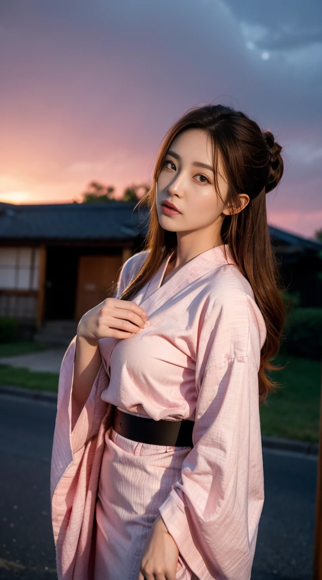 masterpiece, best quality, high resolution, Venus1, 1 woman, alone, Tsuko Kamato, Gag, hair (brown), checkered belt, Gag, Gag, Gradient hair, hair ribbon, haori, japanese clothing, very short kimono, Show off your underwear, big bust, Long hair, looking at the audience, Multicolored hair, pink eyes, very short pink kimono, showing her bra, Pink ribbon, ribbon, alone, (((masterpiece)), forehead, Posing in front of a burning house at night, Dark red clouds and cute puffy cheeks, tempting, open one's eyes wide, slim waist, pose, slim tight,