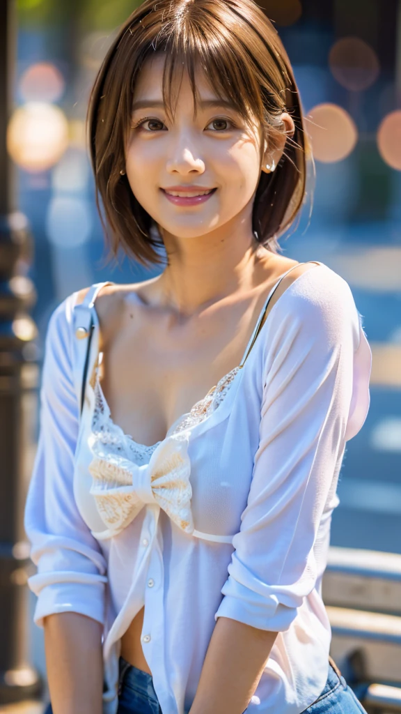 Highest quality, Realistic, Very detailed, finely, High resolution, 8k wallpaper, Professional, High level of detail, ((18-year-old girl:1.2)), Slender Japanese women,Pretty lips, (Beautiful long eyelashes:1.2)、Collarbone Detail, Perfect Face, (cute short bob hair:1.5),Highest quality,Ultra-clear resolution,Clear Eyes,White skin,Perfect big breasts,have perfect legs,(Cityscape:1.5)、(A serious expression and a kind smile:1.5)、