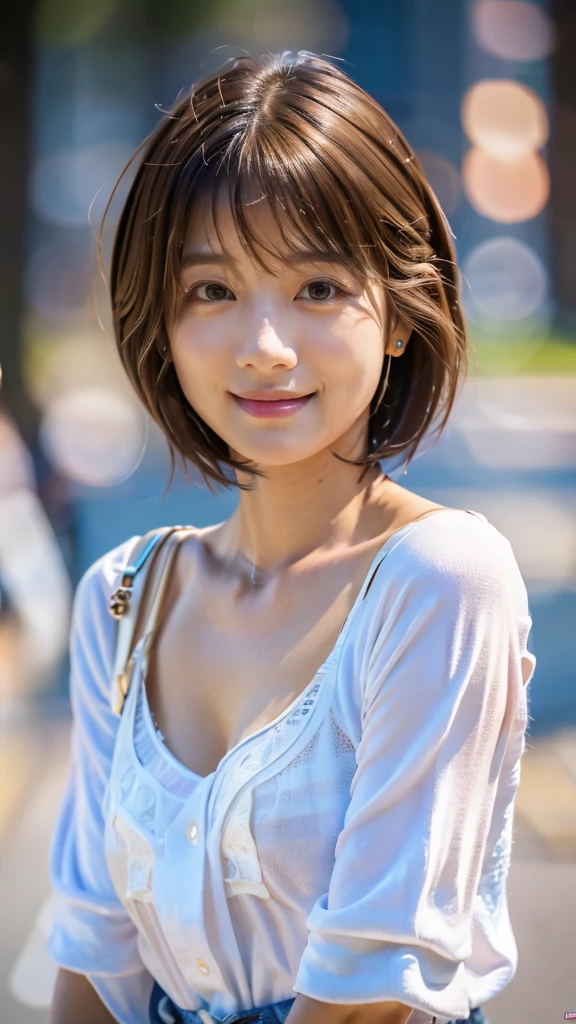 Highest quality, Realistic, Very detailed, finely, High resolution, 8k wallpaper, Professional, High level of detail, ((18-year-old girl:1.2)), Slender Japanese women,Pretty lips, (Beautiful long eyelashes:1.2)、Collarbone Detail, Perfect Face, (cute short bob hair:1.5),Highest quality,Ultra-clear resolution,Clear Eyes,White skin,Perfect big breasts,have perfect legs,(Cityscape:1.5)、(A serious expression and a kind smile:1.5)、