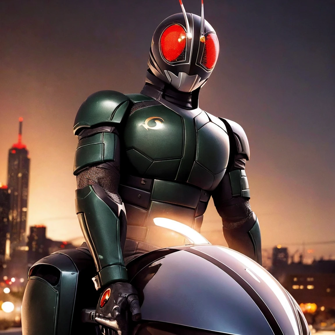 futuristic motorcycle, Kamen_Rider_Black_RX, (riding a motorcycle, in futuristic outfit:1.2), amazing quality, (masterpiece), (high quality), 8K, high resolution, extremely detailed, photorealistic, Kamen Rider, mechanical armor, dynamic, action-packed, detailed character design, 1man, futuristic clothing, (extremely detailed background:1.3), ((nighttime, darkness, low light pollution)),