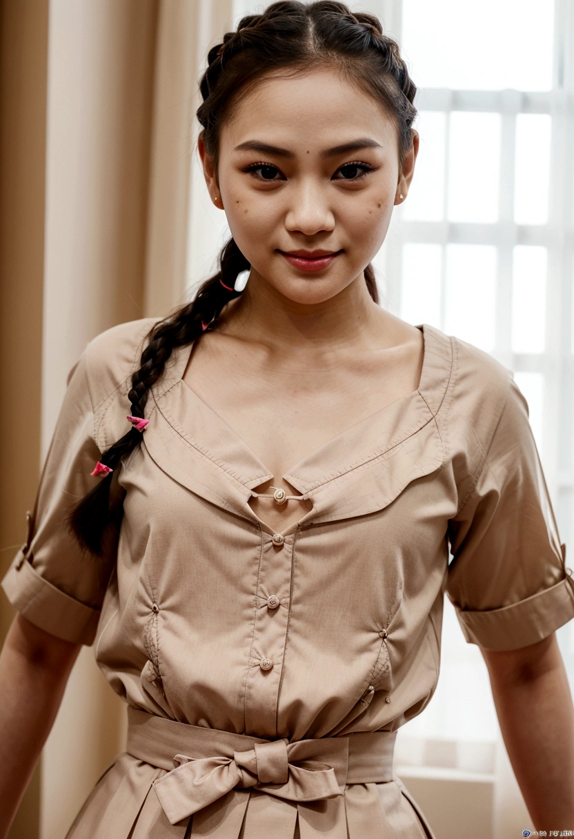 นางแบบสาวชาวเกาหลีใส่ชุดพยาบาลอยู่ในคลินิก, evil smile, raised eyebrows, french braid, f/1.2