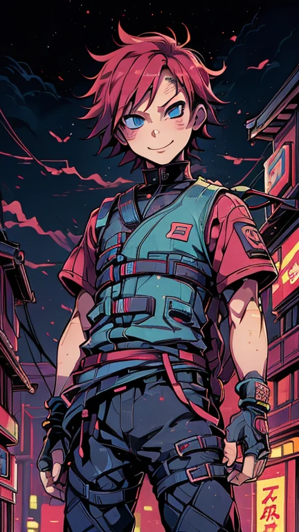 (8k),(masterpiece),(Japanese),(8--old ),((innocent look)),((Childish)),From the front,smile,cute,Innocent,Kind eyes,Flat chest, Gaara,short,Hair blowing in the wind, Red Hair,Strong wind,night,dark, Neon light Cyberpunk Konoha Village 