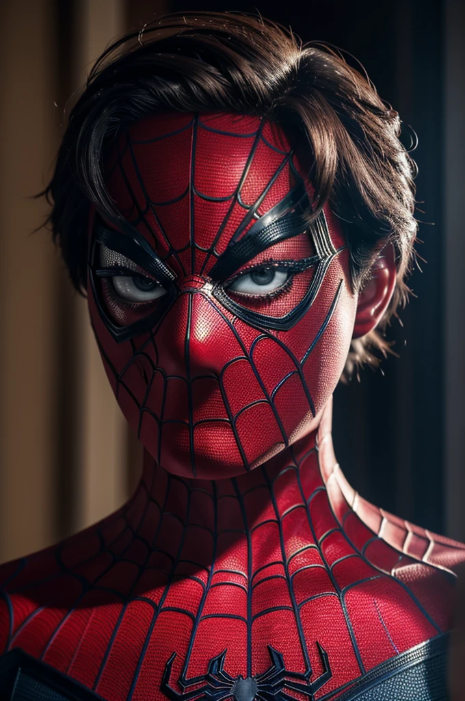 A photograph of Spider-Man., sin mascara, the 20s, elegant, detailed face, looking to the camera, portrait, 8k hd, high quality