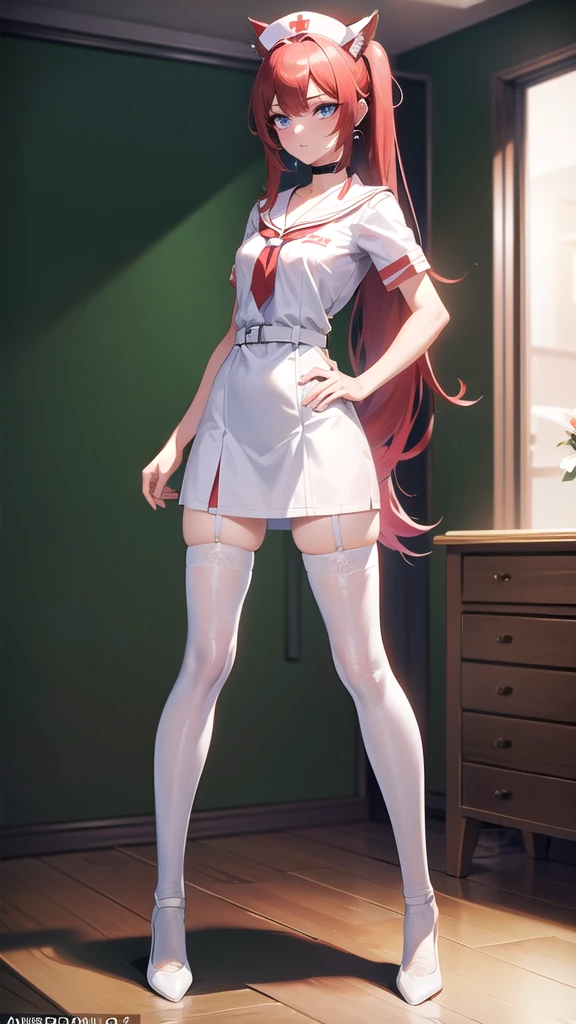 Masterpiece, top quality, best quality, official art, beautiful and aesthetic, anime, 1girl,extremely detailed, colorful, more detailed ((ultra-detailed)), (highly detailed CG illustration),Best Quality, High resolution, Unity 8k Wallpaper, (Illustration:0.8), (Beautiful detailed eyes:1.6), extra detailed face, Perfect Lighting, extremely details CG, (Perfect hands, Perfect Anatomy),hospital,in school,nurse,doctor,red long hair, cat ears,ponytail,blue eyes, barrette,black choker,earrings,skinny fit,small breast,white nurse uniform,white pantyhose,in center of room,between beds,looking in camera, full body shot.
