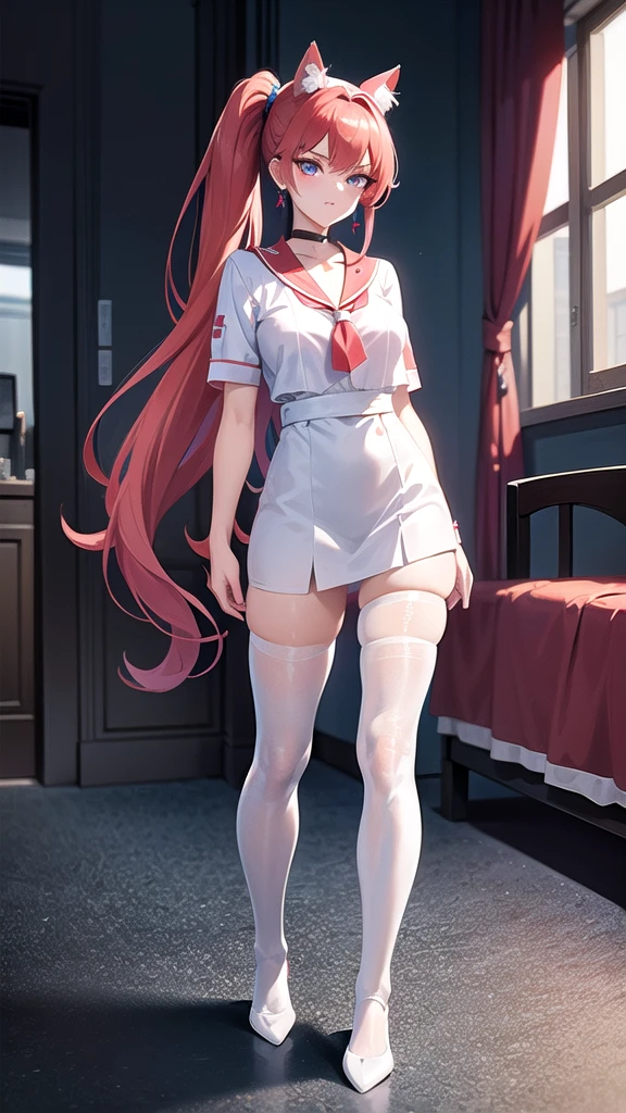 Masterpiece, top quality, best quality, official art, beautiful and aesthetic, anime, 1girl,extremely detailed, colorful, more detailed ((ultra-detailed)), (highly detailed CG illustration),Best Quality, High resolution, Unity 8k Wallpaper, (Illustration:0.8), (Beautiful detailed eyes:1.6), extra detailed face, Perfect Lighting, extremely details CG, (Perfect hands, Perfect Anatomy),hospital,in school,nurse,doctor,red long hair, cat ears,ponytail,blue eyes, barrette,black choker,earrings,skinny fit,small breast,white nurse uniform,white pantyhose,in center of room,between beds,looking in camera, full body shot.