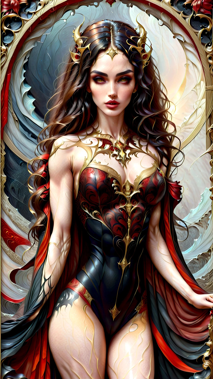 a beautiful illustration of megan fox as a very muscular vampire girl in an abstract marble texture with a tarot style frame, with colors of obsidian black, shiny gold, and ruby red, highly detailed, intricate design, BY Anne Bachelier,