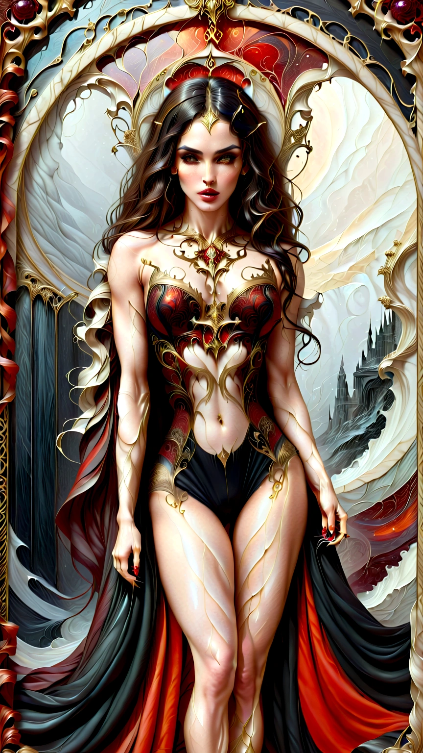 a beautiful illustration of megan fox as a very muscular vampire girl in an abstract marble texture with a tarot style frame, with colors of obsidian black, shiny gold, and ruby red, highly detailed, intricate design, BY Anne Bachelier,