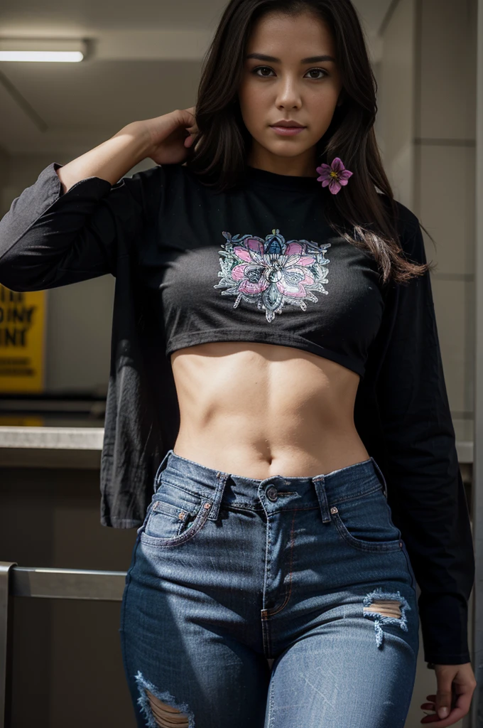 A beautiful girl in her 30s, beautiful thighs, wearing jeans and black t-shirt, the jeans has a colorful and intricate flower design on it, the black shirt has an image of the terminator from the 1st terminator movie