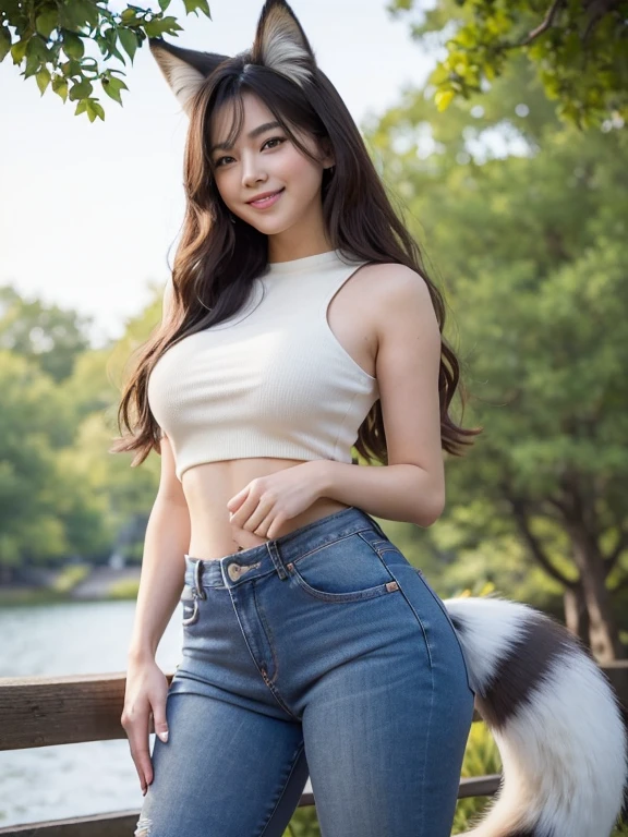 ((Highest quality, 32k)), ((masterpiece)), (Familiar), Perfect Face, Fox Girl, Pretty girl, Outdoor, model, Has one tail, She has a northern fox tail, She stretches out her fluffy tail, Beautiful hip line, Thick thighs, Tight jeans, A big tail sticks out from his butt, Waving his tail happily, She only has one tail, Smiling Kindly