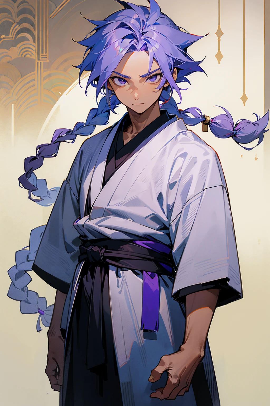 1male, tan skin, teenager, blind eyes, light blue hair, dark purple hair, half blue half purple hair, one braid in back, bored expression, open black and white ukata, old japanese background, , detailed background, detailed face, standing on path, hand to side