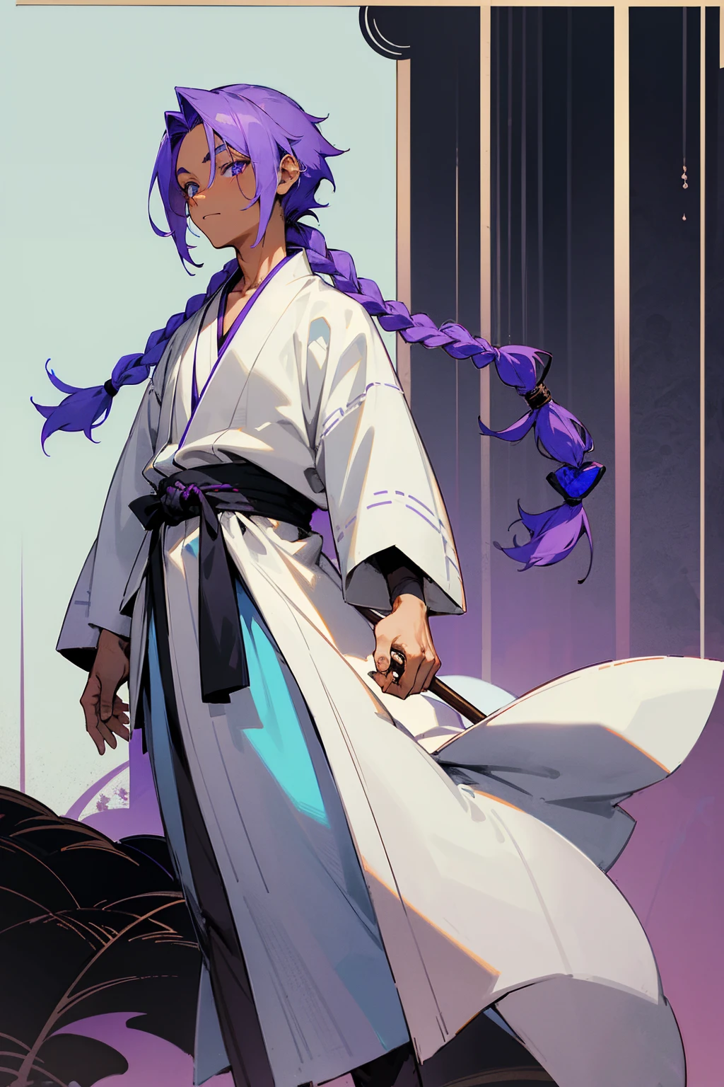 1male, tan skin, teenager, blind eyes, light blue hair, dark purple hair, half blue half purple hair, one braid in back, bored expression, open black and white ukata, old japanese background, , detailed background, detailed face, standing on path, hand to side