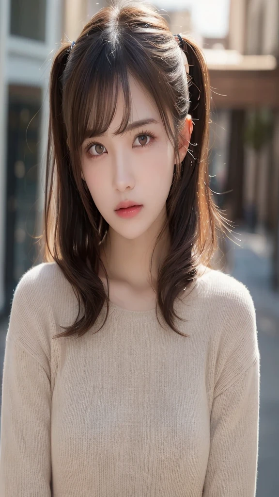 (masterpiece:1.3), (8K, Photorealsitic, Raw photography, Top image quality: 1.4), 20 year old girl、(Random hairstyles:1.2)、Super Detail Face、Eye of Detail、double eyelid、sharp focus:1.2、prety woman:1.4、light brown hair、poneyTail、Natural color lip、top-quality、masterpiece、超A high resolution、(Photorealsitic:1.4)、very detailed and professional lighting、Wear a red sweater、slender、serious facial expression、Transparent skin、randome pose、Glowing hair、Engraving Model Pose、