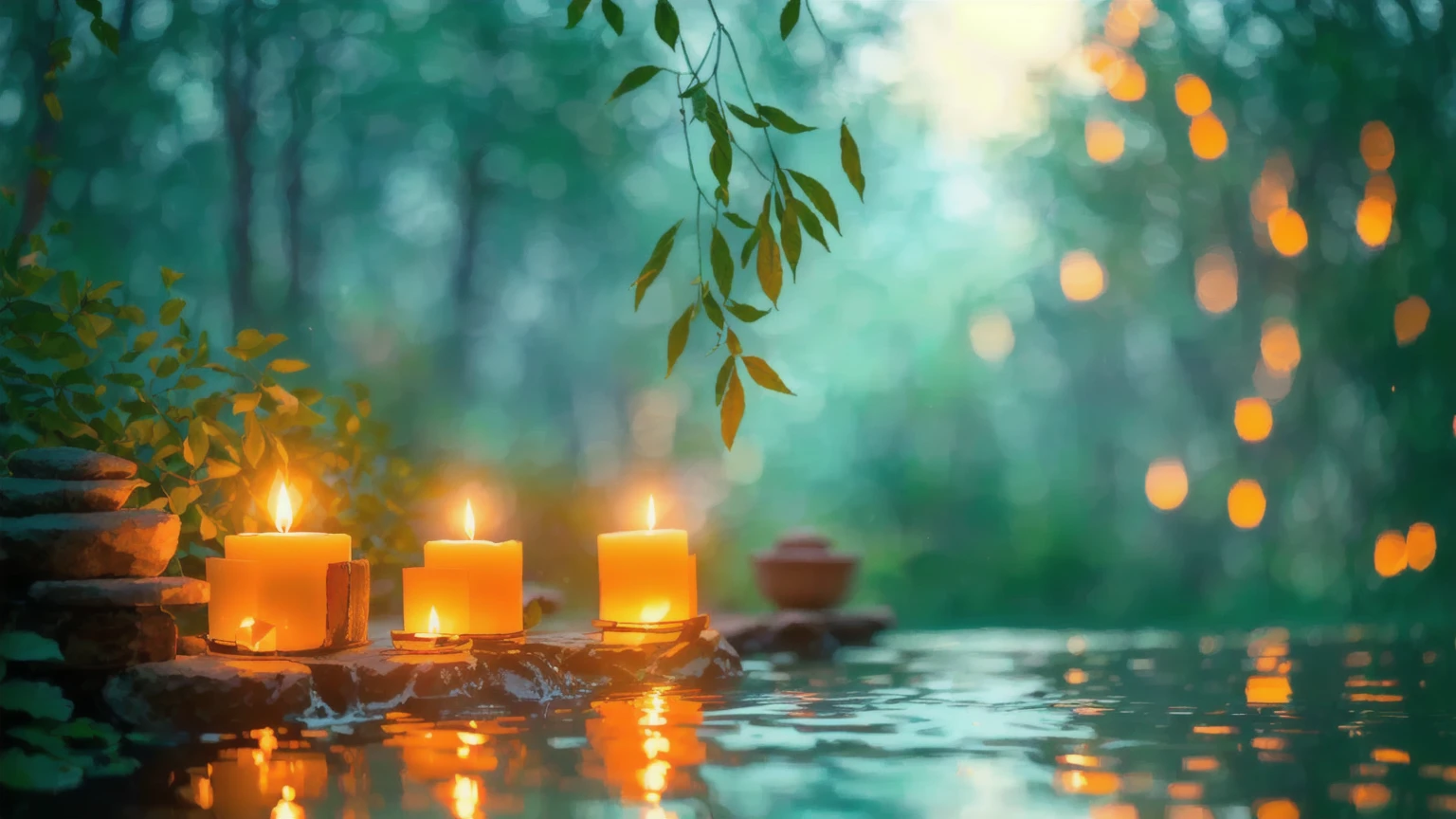 A candle is lit in the water of the pond、There is a tree in the background, Floating Candles, Peaceful atmosphere, 穏やかなNight atmosphere, Relaxed atmosphere, Relaxing environment, Glowing Candles, Gentle lighting, Light a candle, Candlelit, Peaceful and serene, Peaceful atmosphere, Natural candle lighting, Beautiful atmosphere, relaxed mood, Night atmosphere, Shutterstock, Floating light