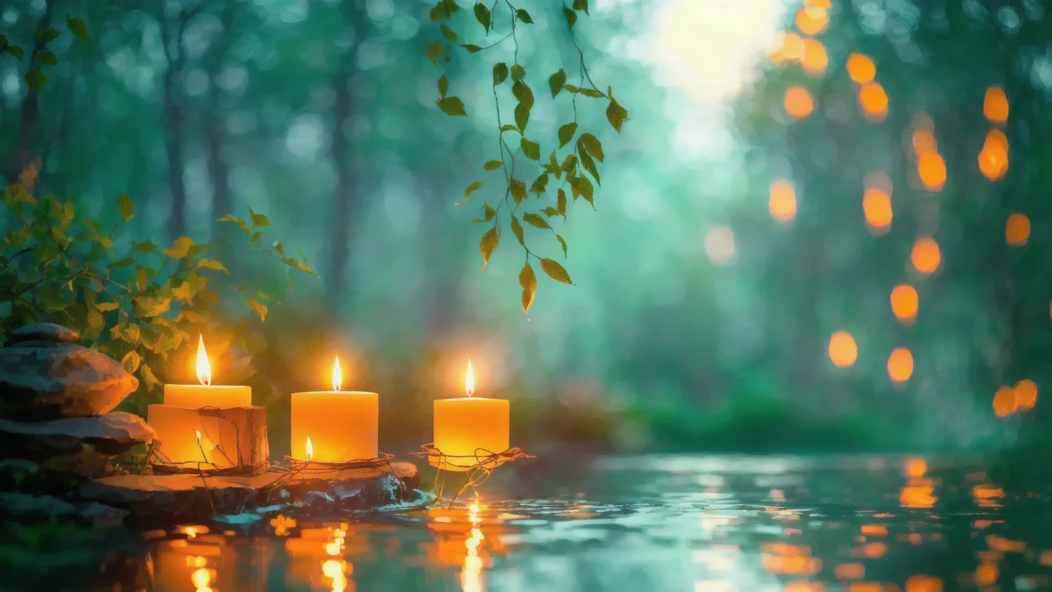 A candle is lit in the water of the pond、There is a tree in the background, Floating Candles, Peaceful atmosphere, 穏やかなNight atmosphere, Relaxed atmosphere, Relaxing environment, Glowing Candles, Gentle lighting, Light a candle, Candlelit, Peaceful and serene, Peaceful atmosphere, Natural candle lighting, Beautiful atmosphere, relaxed mood, Night atmosphere, Shutterstock, Floating light