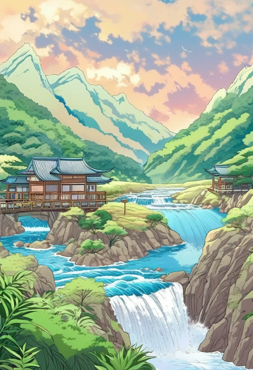Natural views, mountains, waterfalls, manga style,