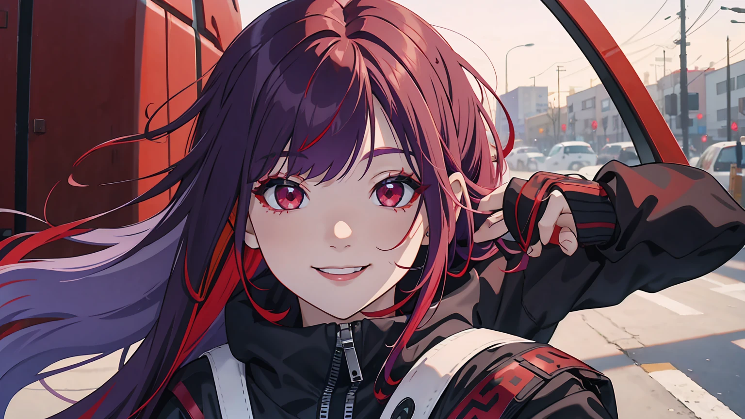 solo, purple hair, red colored tips, red eyes, jacket, long sleeves, long hair, portrait, multicolored hair, smiling, parted bangs, colored tip, white hair highlights, established shot, eyeliner, dark red eyeliner, red lips, emo goth aesthetic