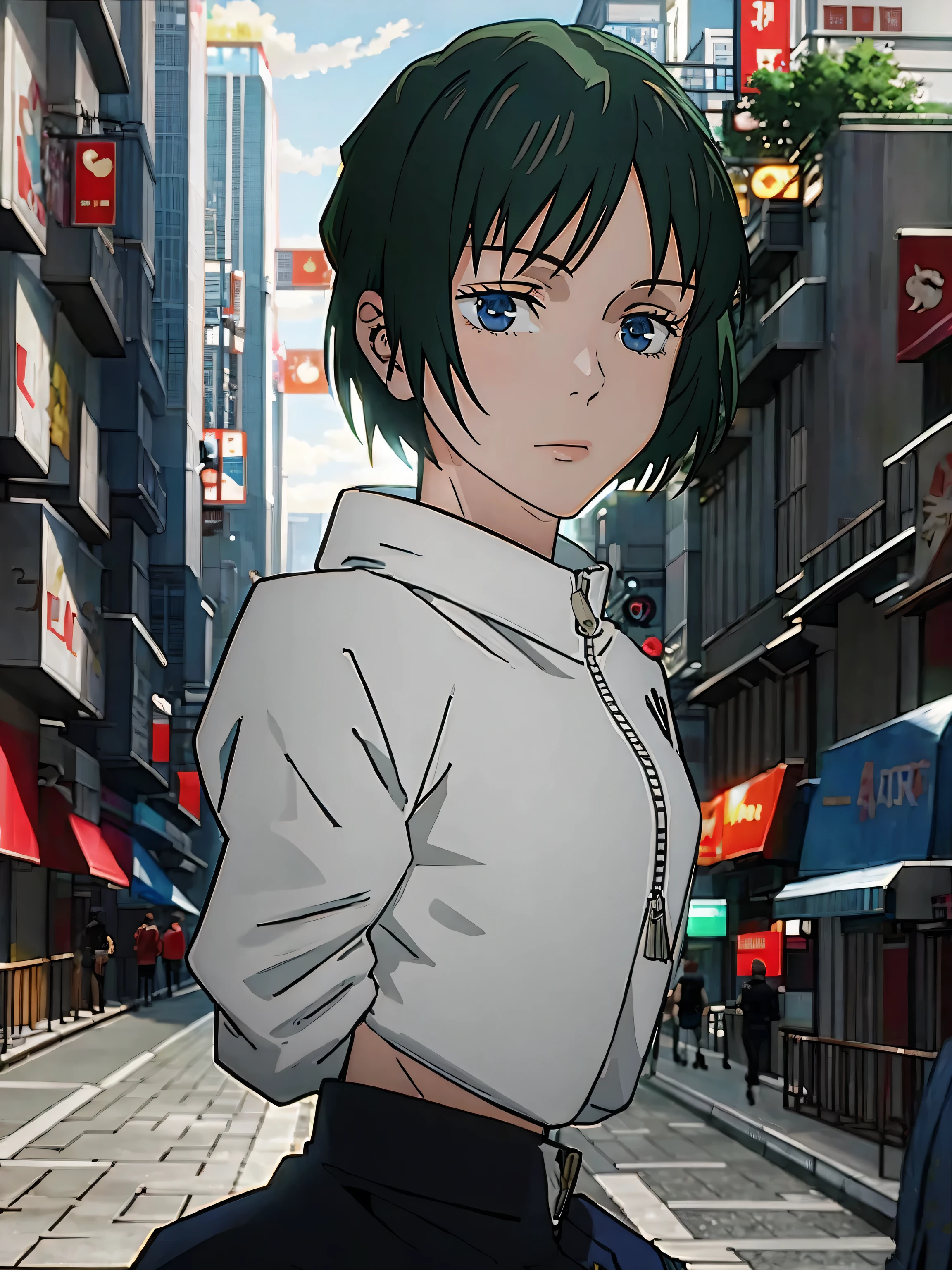 Haibara ai, short brown hair, blue eyes,from jujutsu kaisen,on street, buildings behind her, blurry background 